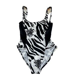 Vintage Zebra Floral One Piece Swimsuit Barefoot Miss Size 7/8 High Cut 90s Vibe
